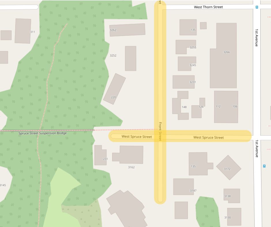 Map highlighting recommended street parking areas near the Spruce Street Suspension Bridge